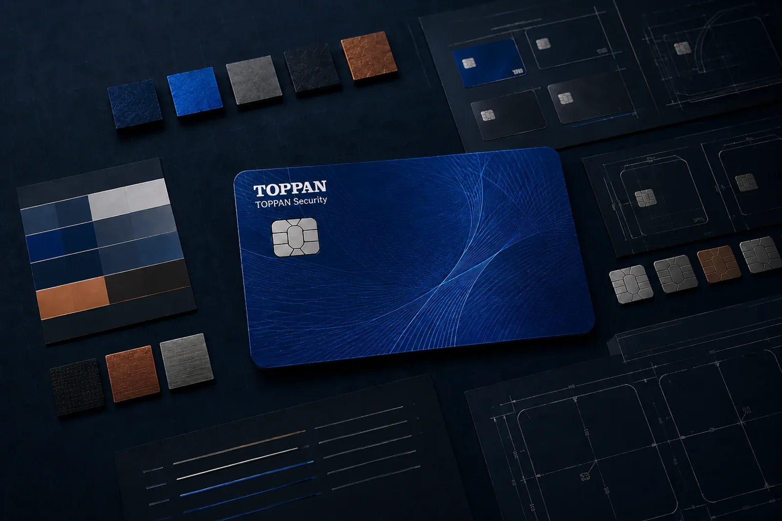 Blue payment card design surrounded by material, color and production studies