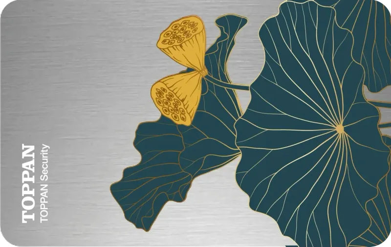 SuperMetal Face card with a brushed silver surface and green and gold botanical artwork