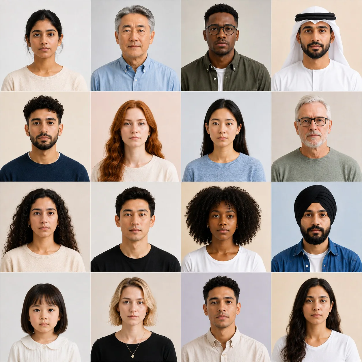 A grid of diverse people showing the recognition value of color portraits