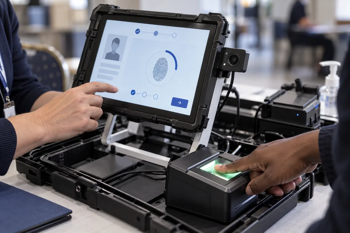 Digital voter registration station with a touchscreen, camera and fingerprint scanner in use