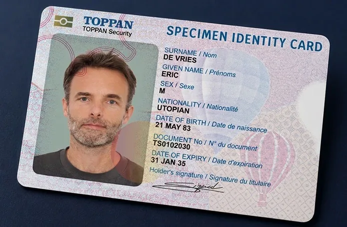 Polycarbonate national identity card with laser-engraved personalization