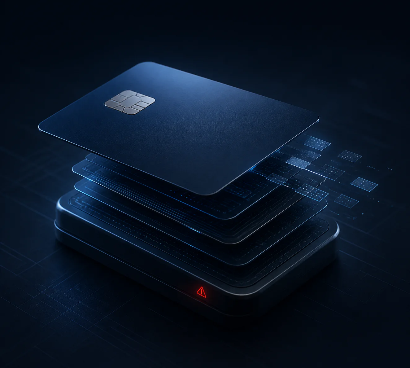 Payment card technology layers separating above a small warning indicator