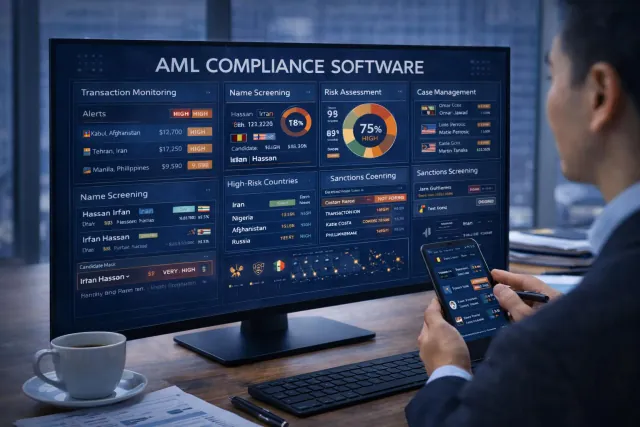Analyst reviewing anti-money laundering compliance screening