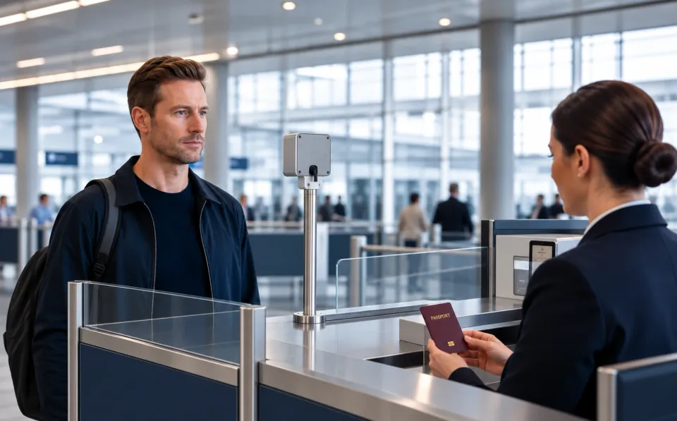 Traveler completing a biometric identity check at border control