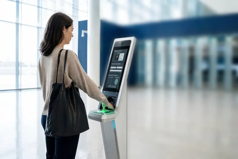 Traveler using a self-service border control kiosk